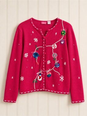 Vintage Pink Holiday Cardigan with Ornament Embroidery